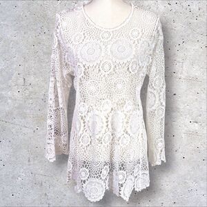 Calessa Crocheted Lace Tunic Top Boho Coastal Beach Womens Small White